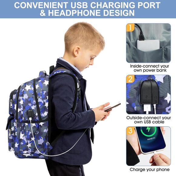 Blue Camo Star Print Backpack & Lunch Bag Set – School Bag Combo USB Port - Picture 4 of 6